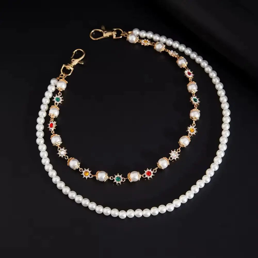 Jewelry Imitation Pearl Rhinestone Flower Jeans Chain Waist Chain Size ONE SIZE - 4 Thumbnail