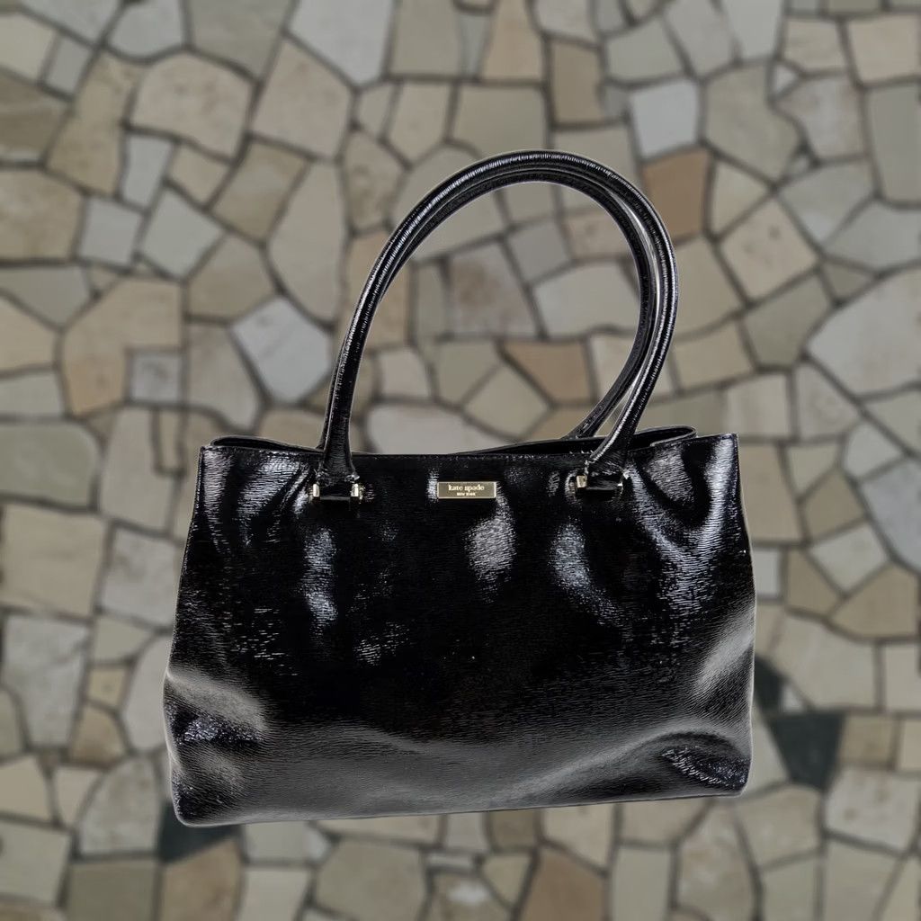 Vintage kate spade new york Patent Double Handle Satchel Shoulder Handbag Purse Women Black patent finish bag Size ONE SIZE - 1 Thumbnail