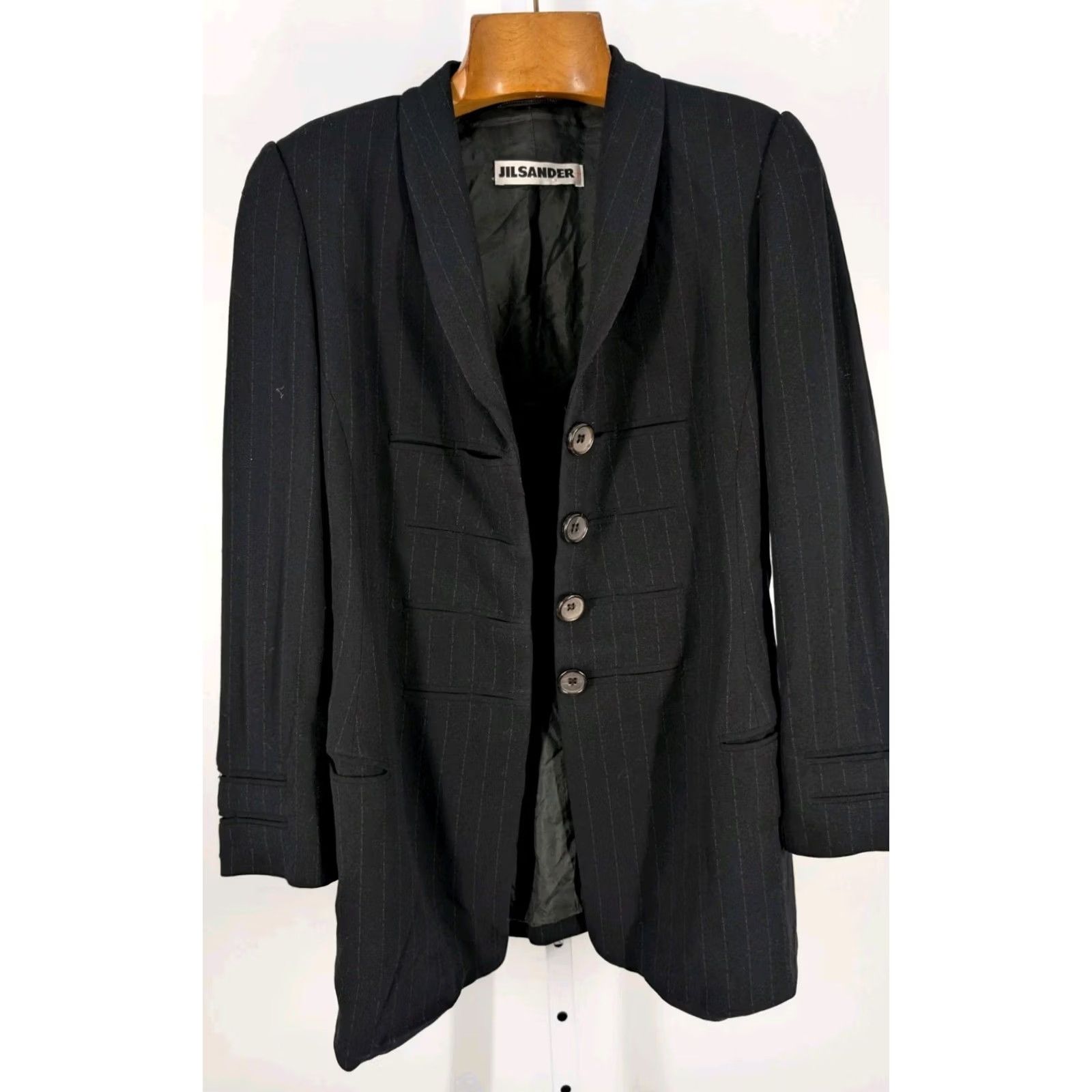 Jil Sander VINTAGE Jil Sander Blazer Jacket Wool Crepe Black Striped Long 36 Womens 90s German Party/Cocktail Business Casual Formal Travel Size XS / US 0-2 / IT 36-38 - 5 Thumbnail