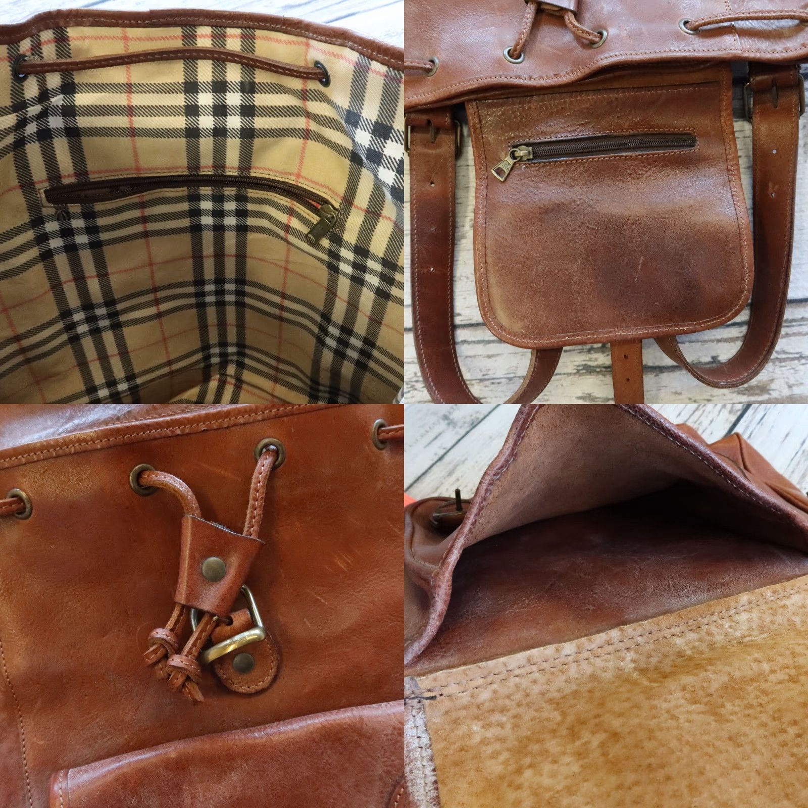 Vintage VINTAGE Leather Rucksack Backpack Men Brown 11 1/2" 16" - Size: See measurement Plaid Lining Back to Vintage Leather Rucksack Backpack Size ONE SIZE - 8 Thumbnail