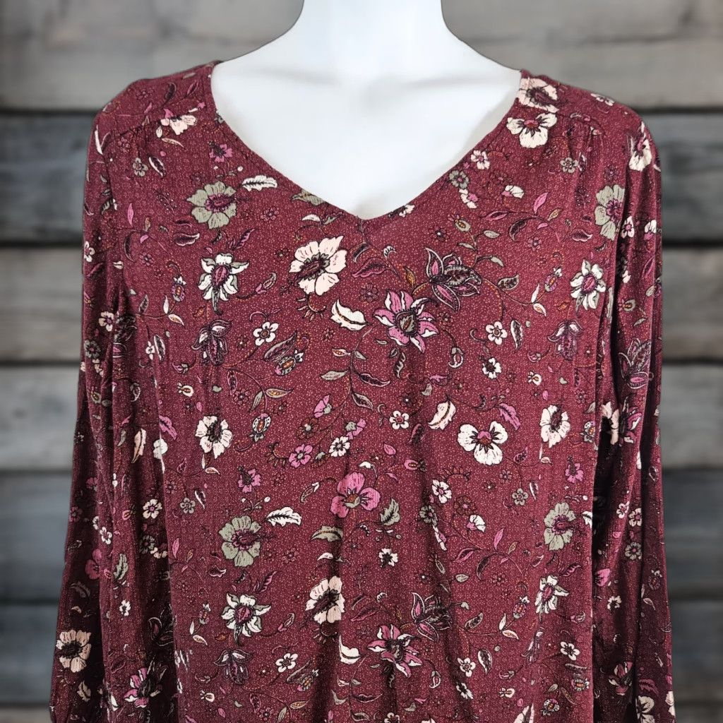 Vintage Lane Bryant Womens Blouse Sz 22/24 Maroon Pink Floral Long Sleeve Rayon V-Neck Pullover Womens Plus Size 22 Blouse” Size 3XL / US 20-22 - 1 Thumbnail