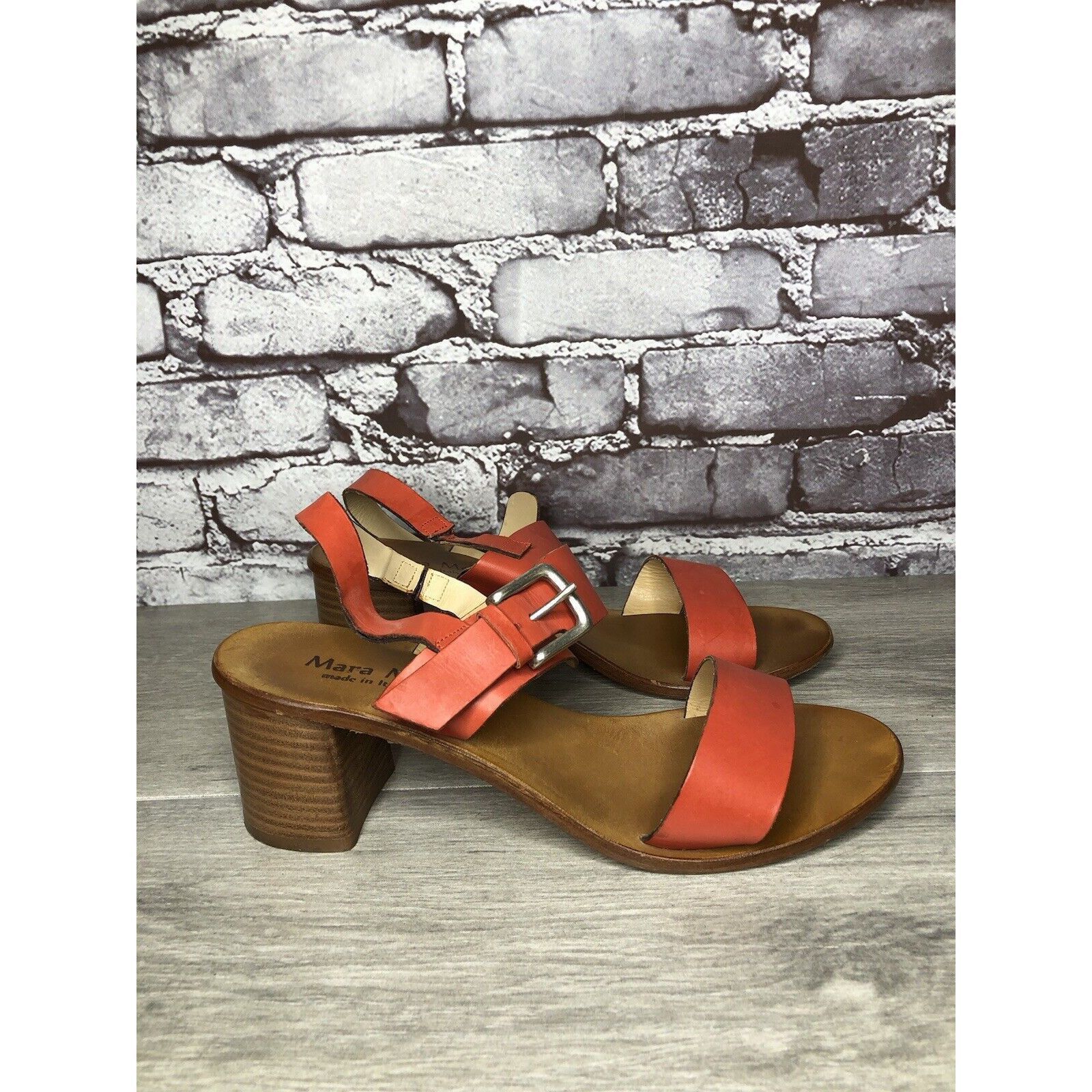Other Mara Mei Orange Leather Ankle Strap Stacked Heeled Sandals W Size US 7.5 / IT 37.5 - 3 Thumbnail
