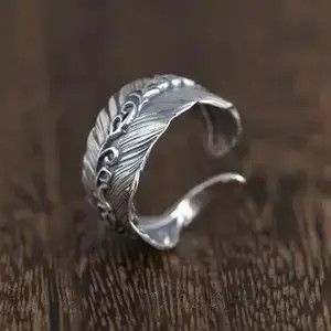 Jewelry x Sterling Silver S925 Silver Feather Ring, Men's