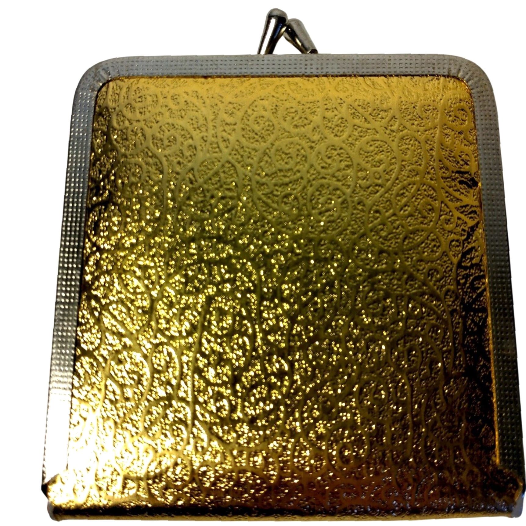 Vintage VINTAGE Mod Purse Mirror Gold Lame Swirl Kiss Lock Double Sided Compact READ Size ONE SIZE - 6 Thumbnail