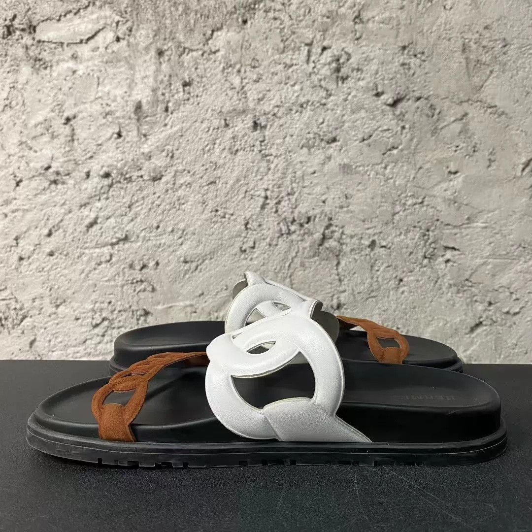 Hermes Hermes White Brown Pig Nose Chain Slides Size US 32 / EU 48 - 6 Thumbnail