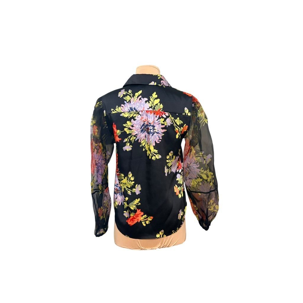 Cinq a Sept NEW Cinq a Sept Floral Blouse XS Black Multi Silk Sheer Puff Size XS / US 0-2 / IT 36-38 - 3 Thumbnail