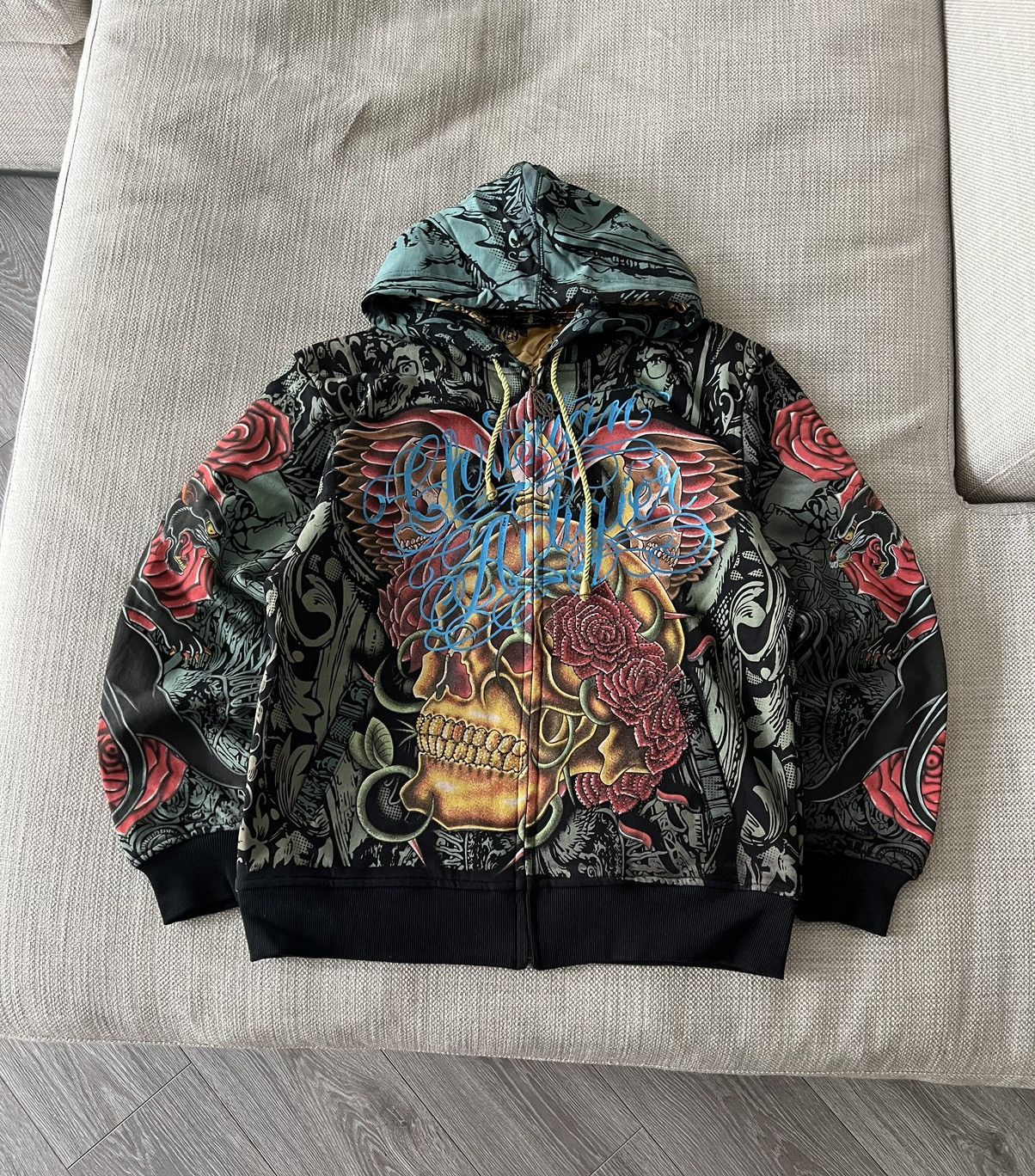 image of Vintage Ed Hardy By Christian Audigier Zip Hoodie Y2K in Black, Men's (Size Large)