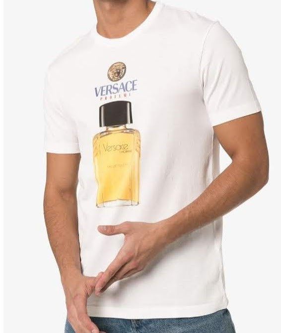 image of Versace Logo Perfume Print T-Shirt in White, Men's (Size XL)