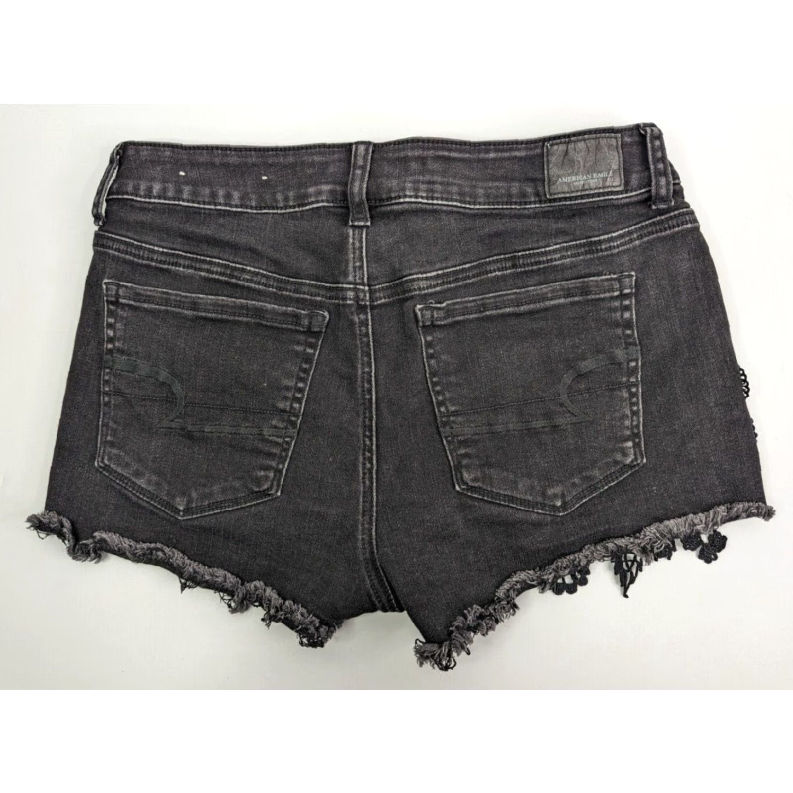 American Eagle Outfitters American Eagle Outfitters Shortie Denim Black 10 Womens High Rise Stretch 5-Pocket Button Zipper Fringe Embroidered Lace Detail Casual Short Size 32" / US 10 / IT 46 - 2 Thumbnail