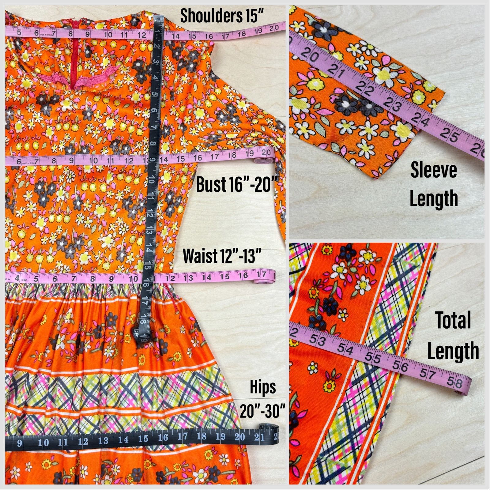 Vintage 1960s Orange Floral and Striped Long Sleeve Maxi Dress Size XS / US 0-2 / IT 36-38 - 5 Thumbnail