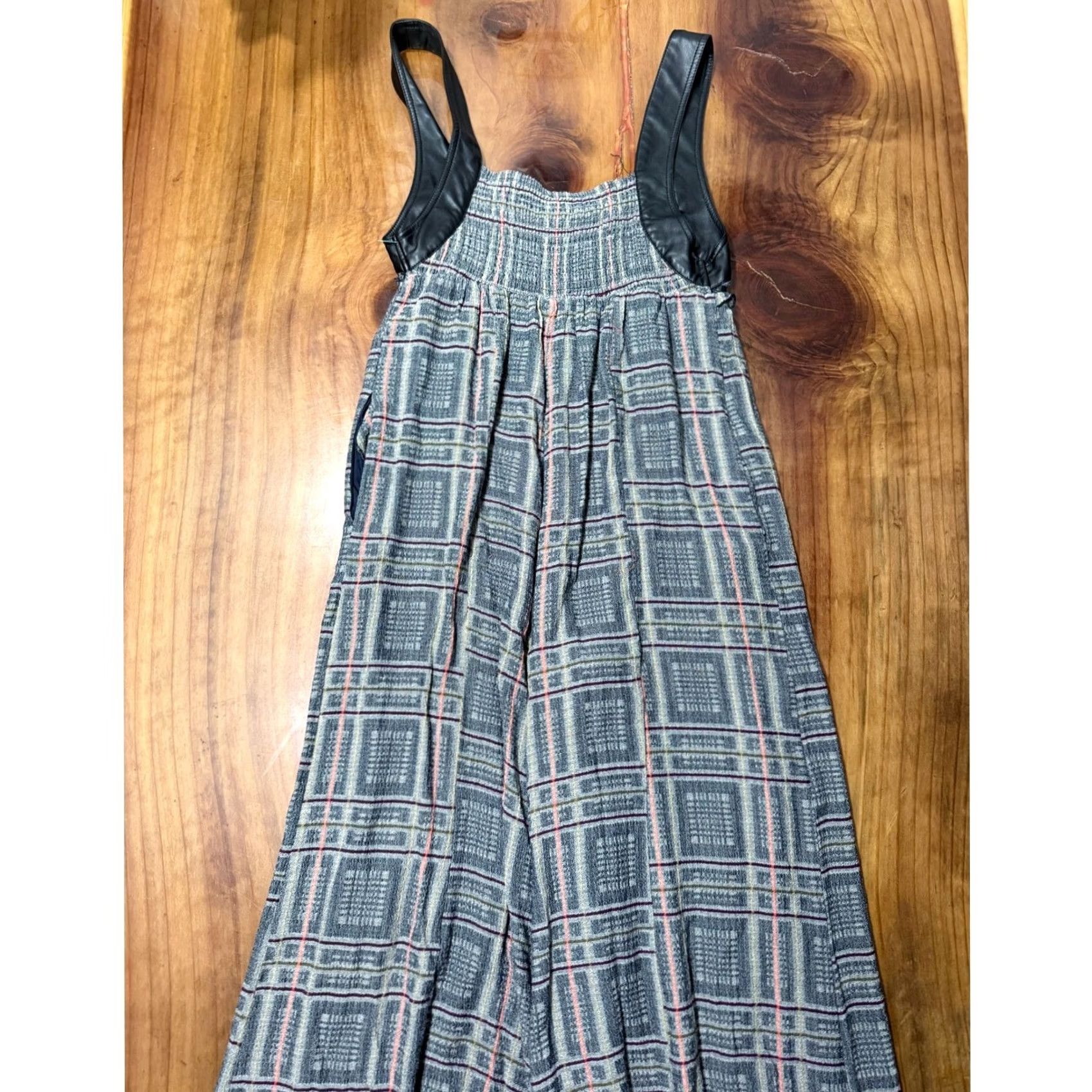 Free People Free People Jumpsuit Plaid Knit Viscose Wide-Leg Sleeveless Square Neck M Gray Bohemian Casual Activewear Womens Size 32" / US 10 / IT 46 - 7 Thumbnail