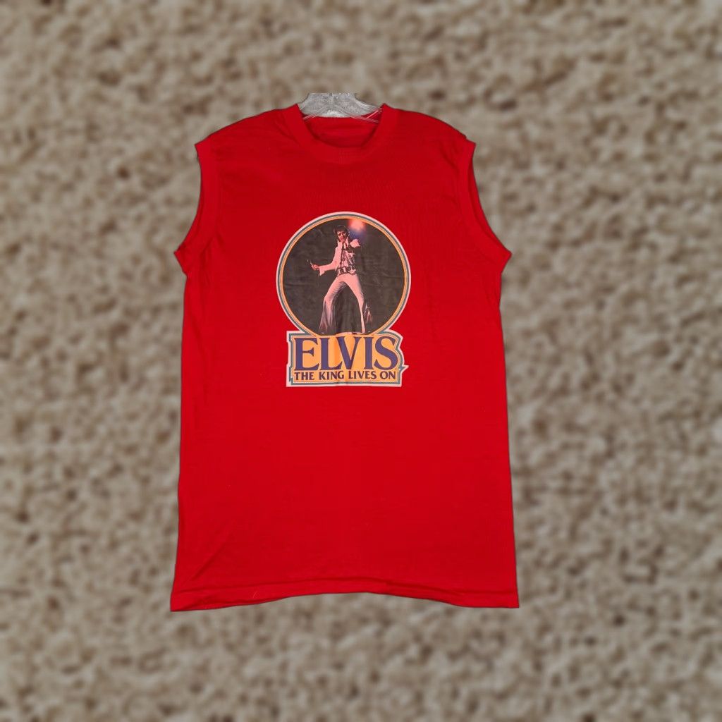 Vintage Elvis The King Lives On Shirt Mens Small Red Cotton Sleeveless Crew Neck T-Shirt Size US S / EU 44-46 / 1 - 1 Thumbnail