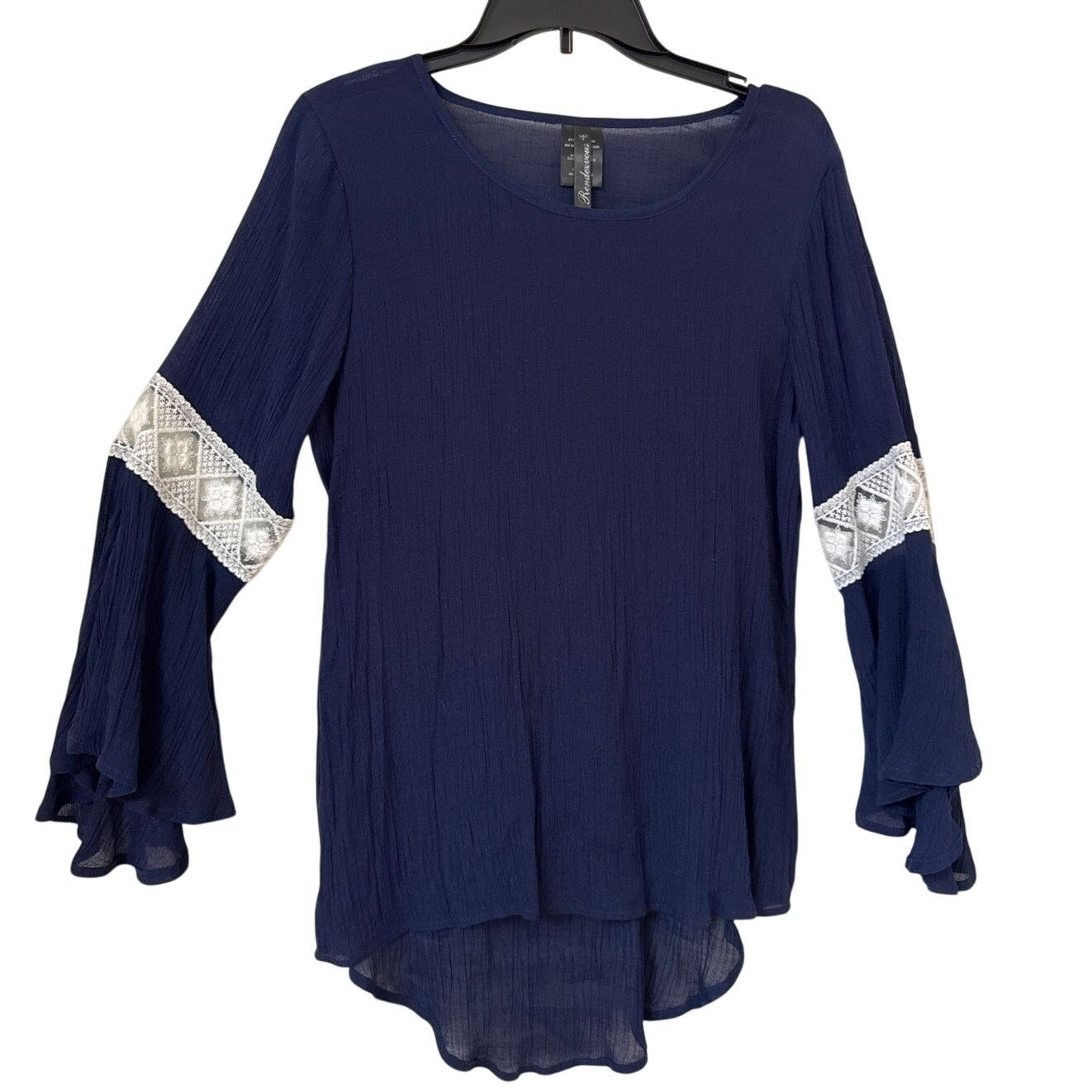 Other Rendezvous Large, Crêpe Navy Blue Blouse, Bell Sleeves Lace Size L / US 10 / IT 46 - 1 Thumbnail