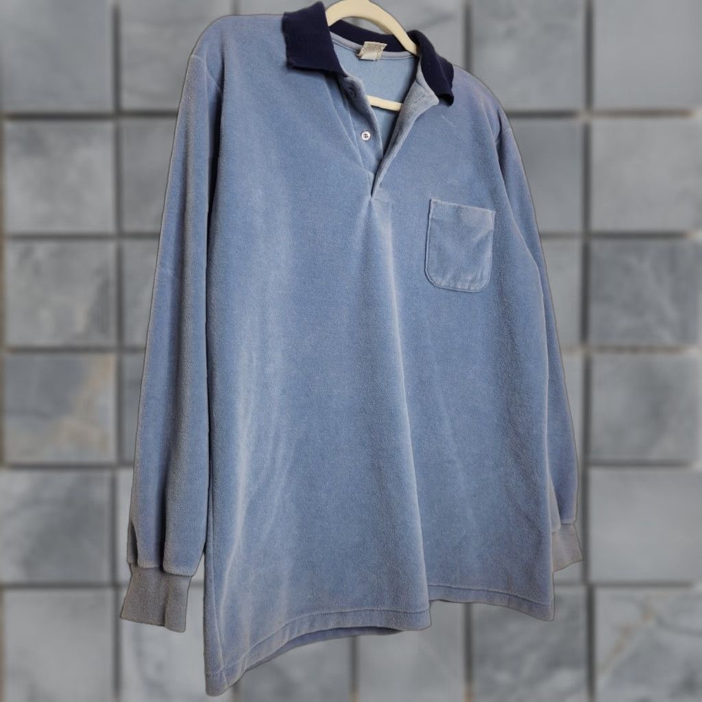 Wrangler VINTAGE Wrangler Crushed Velvet Velour Long Sleeve Henley Polo XL Blue Size US XL / EU 56 / 4 - 1 Thumbnail
