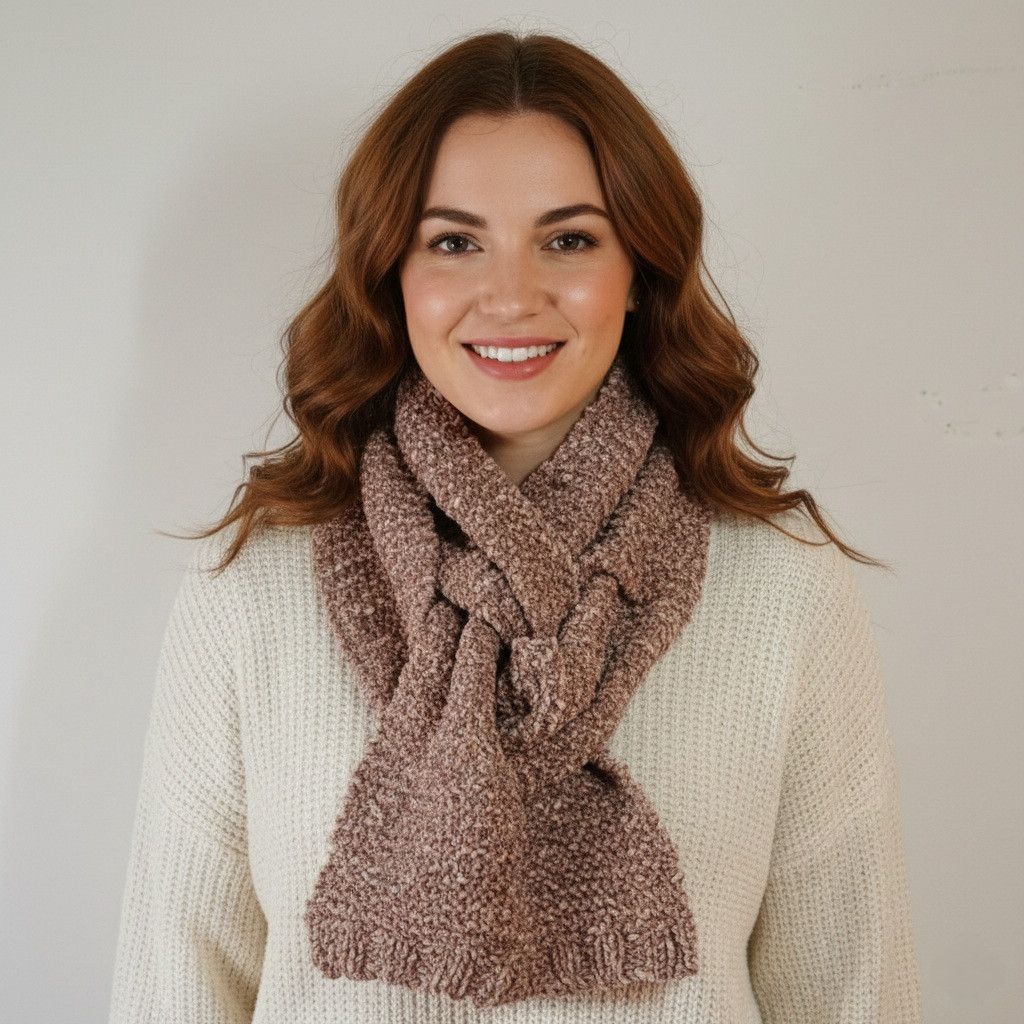 Other Handknit 74x5.5" Scarf Knit Burgundy Beige Chenille Soft Size ONE SIZE - 2 Thumbnail