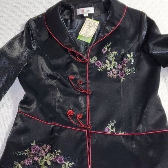 Japanese Brand BAIFU Mandarin Style Colorful Floral Embroidered Sz XXL Blac Size XXL / US 16-18 / IT 52-54 - 7 Thumbnail