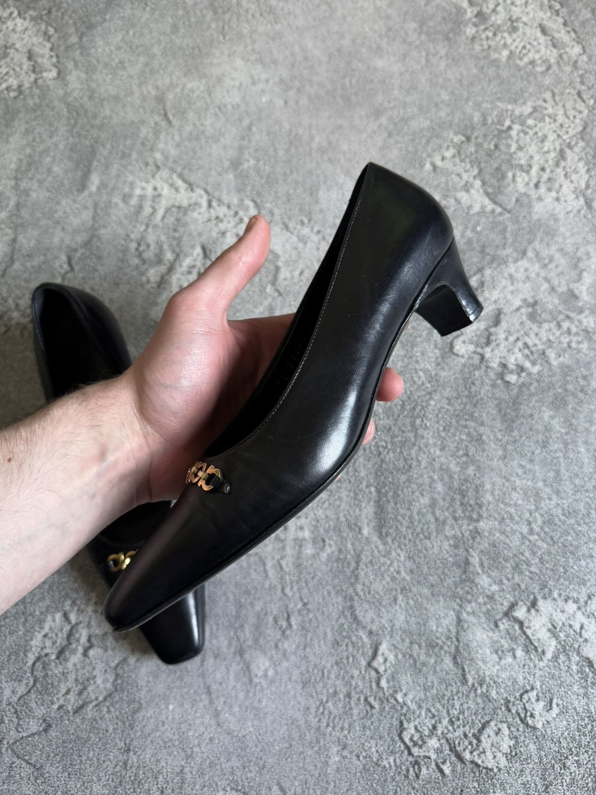 Salvatore Ferragamo Salvatore Ferragamo black leather short heels 👠 gold detail Size US 6 / IT 36 - 7 Thumbnail