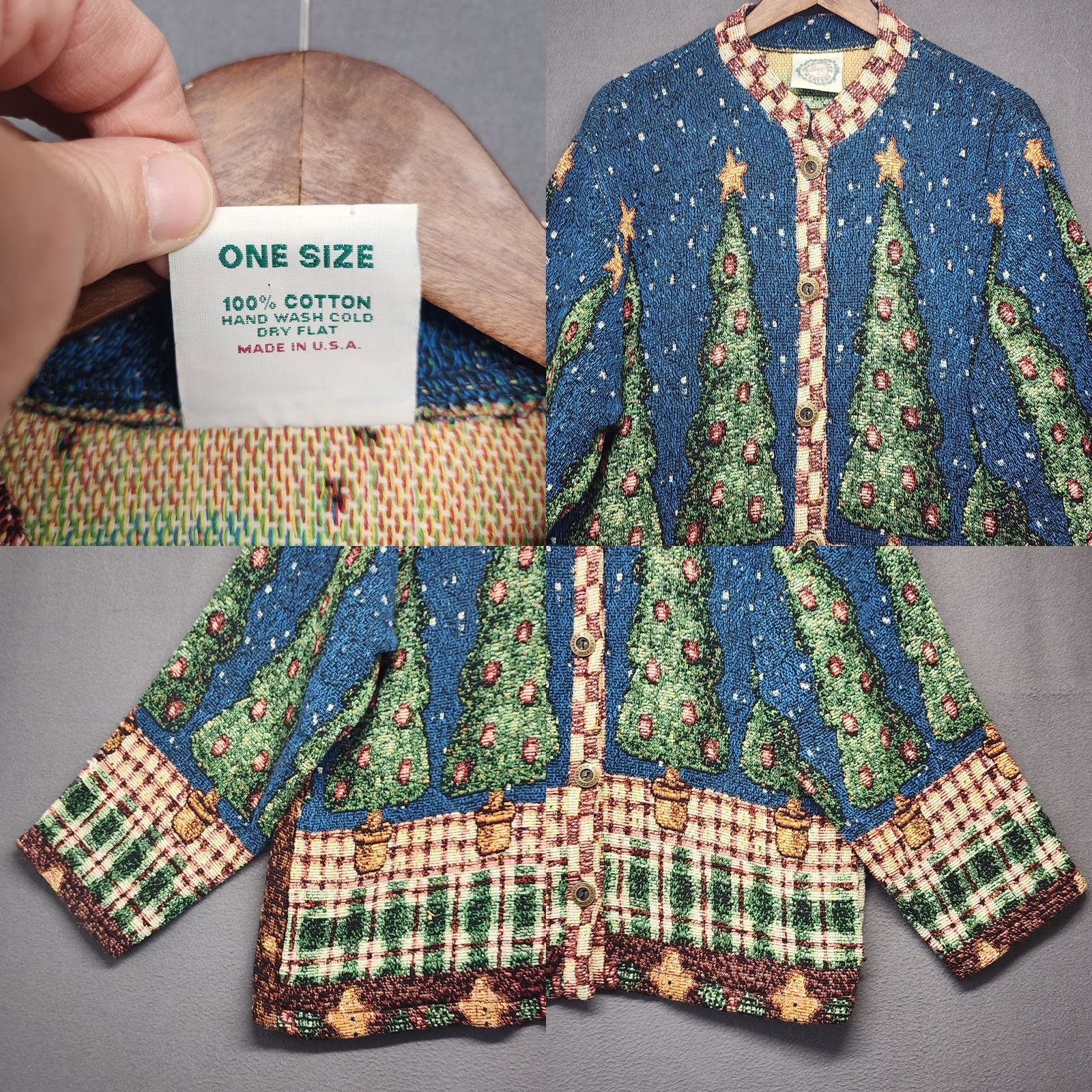 Sugar VINTAGE Sugar Street Weavers Tapestry Cardigan Santa Tree Pockets Womens One Size Blue 100% Cotton 90s Christmas KnIT Sweater Size ONE SIZE - 8 Thumbnail