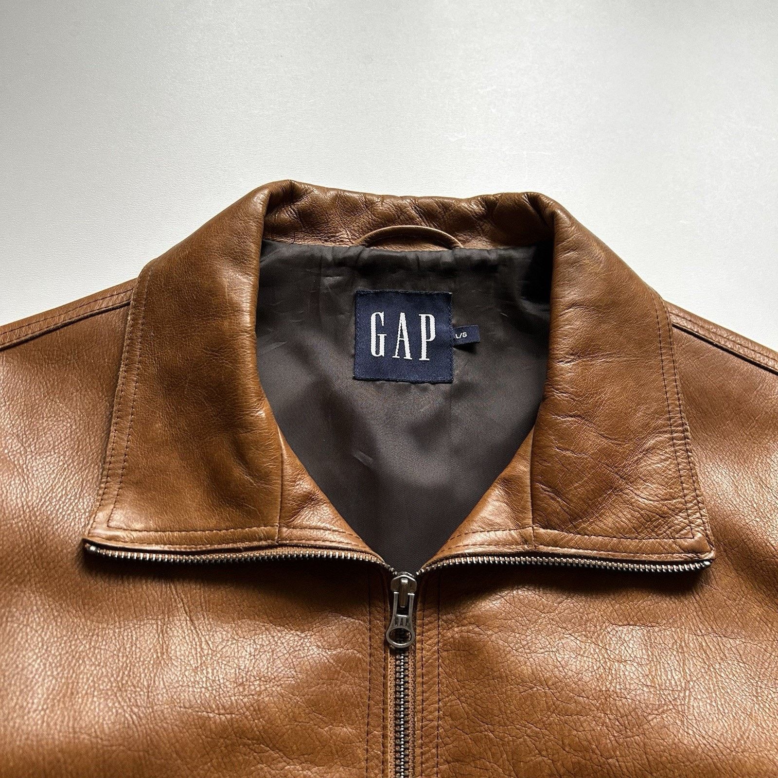 Gap × Vintage Vintage 90s Gap Cow Leather Jacket Large Brown Zip Bomber Size US L / EU 52-54 / 3 - 2 Thumbnail