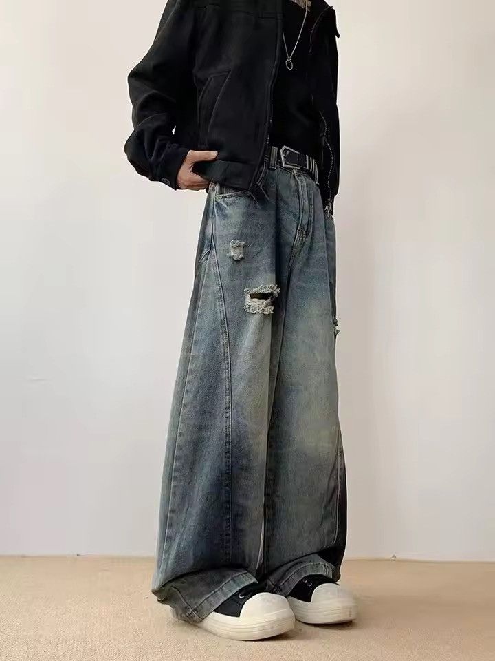 Jean Baggy Distressed Multi-Panel Denim – Wide Leg Stacking Size US 31 - 2 Thumbnail