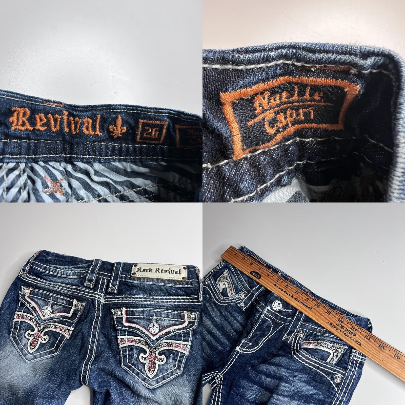 Vintage Rock Revival Jeans Womens Noelle Capri Blue Denim Rhinestone Embroidered Distressed 26 Capris Size 26" / US 2 / IT 38 - 8 Thumbnail
