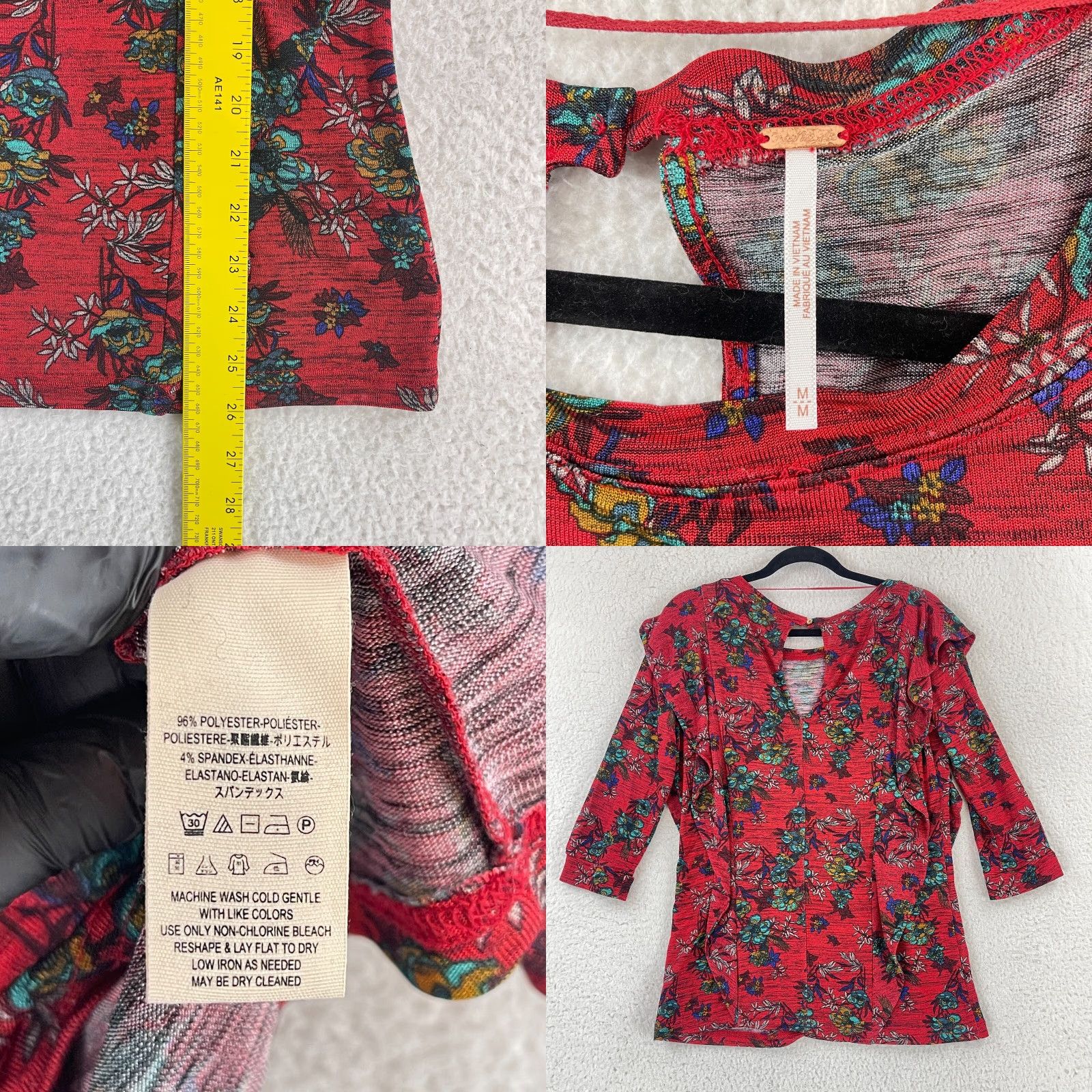 Free People Free People Dock Street Ruffle Shirt Womens 3/4 Sleeve Medium Red Floral Bohemian Casual Shirt Size M / US 6-8 / IT 42-44 - 8 Thumbnail