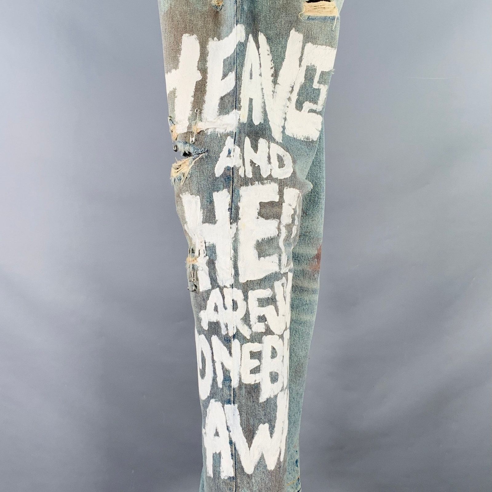 Dolce & Gabbana Heaven and Hell Blue White Hand Painted Denim Straight Size US 33 - 6 Thumbnail