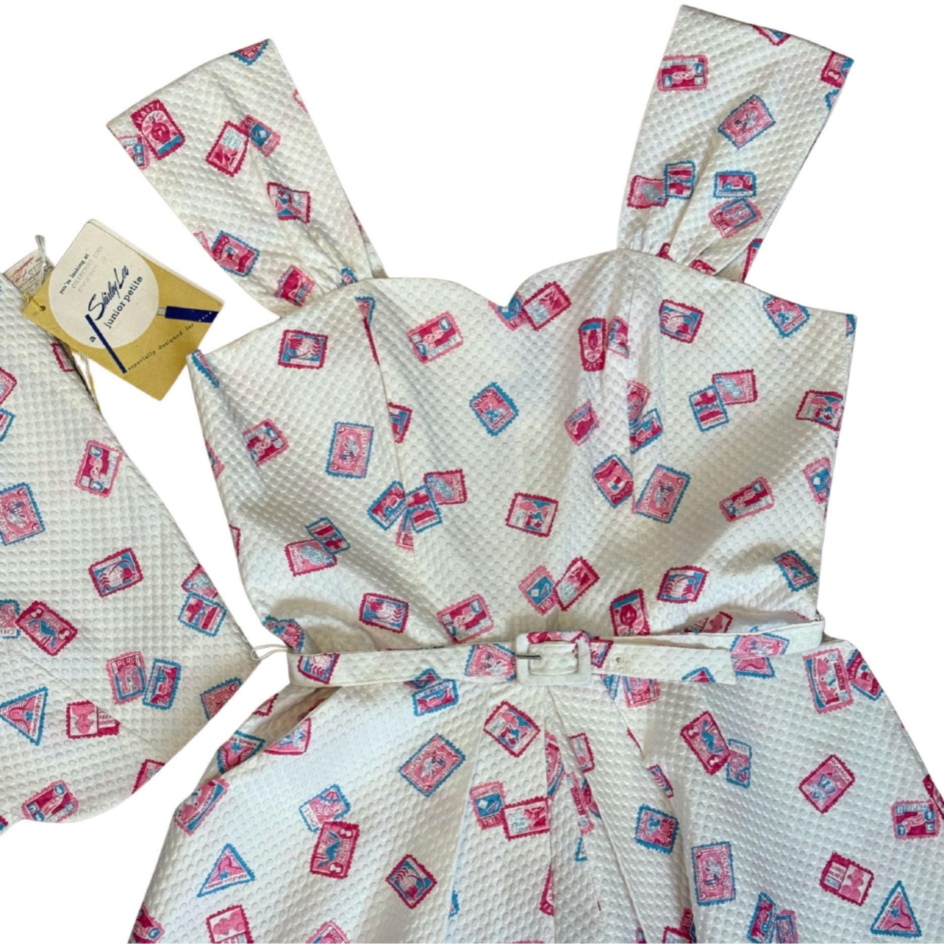 Vintage VINTAGE Shirley Lee Postage Stamp 50s White Textured Dress N Size M / US 6-8 / IT 42-44 - 2 Thumbnail