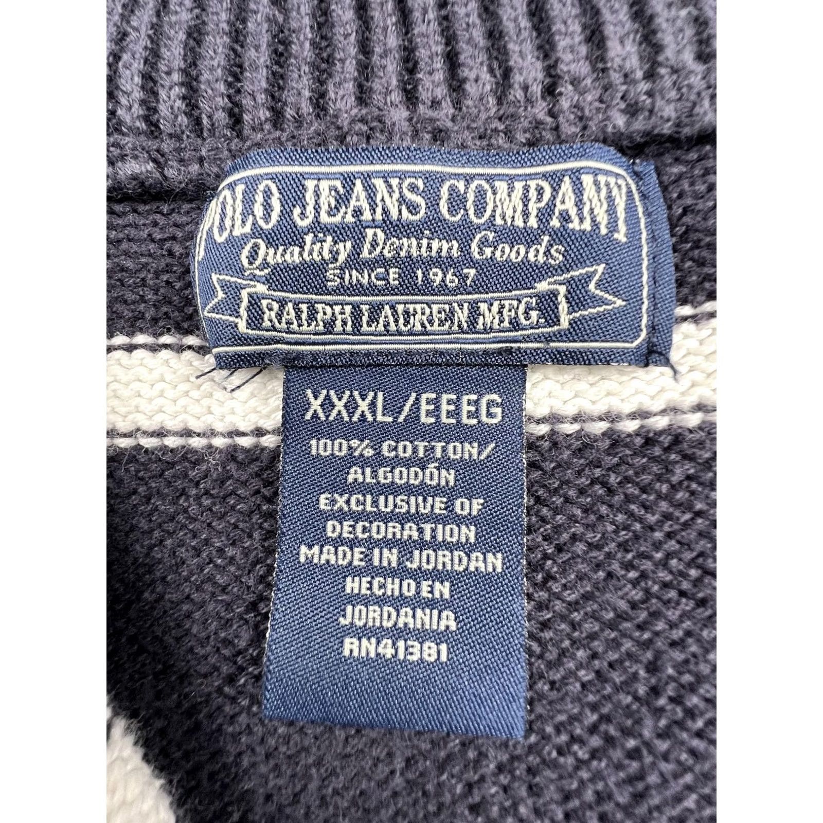 Vintage Polo Jeans Company Sweater Mens 3XL Blue Striped 1/4 Zip Mock Neck Pullover USA Size US XXL / EU 58 / 5 - 3 Thumbnail