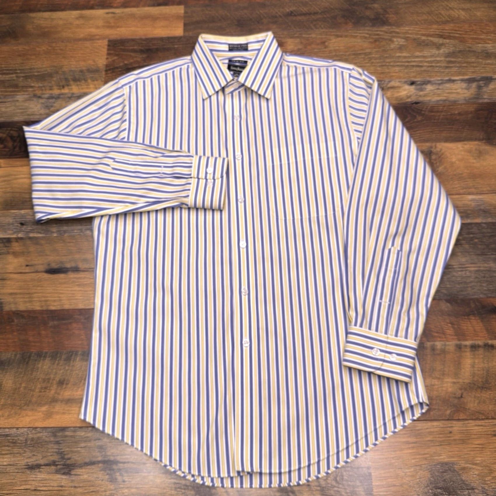 Neiman Marcus Neiman Marcus Shirt Mens 16 Slim Button Up Dress Shirt Yellow Striped 100% Cotton Wrinkle Resistant Size US L / EU 52-54 / 3 - 2 Thumbnail