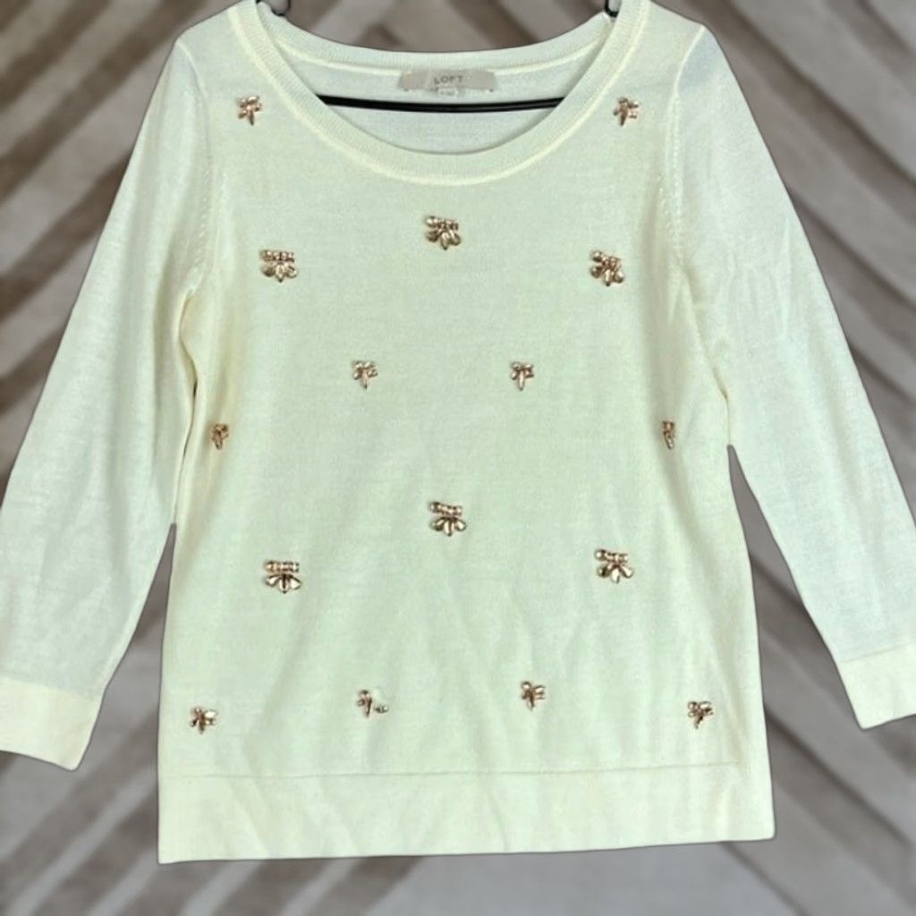 Ann Taylor Ann Taylor LOFT Womens Sweater Cream Gold Jeweled Wool Blend M 3/4 Sleeve Long Sleeve Pullover Casual Workwear Womens Size M / US 6-8 / IT 42-44 - 1 Thumbnail