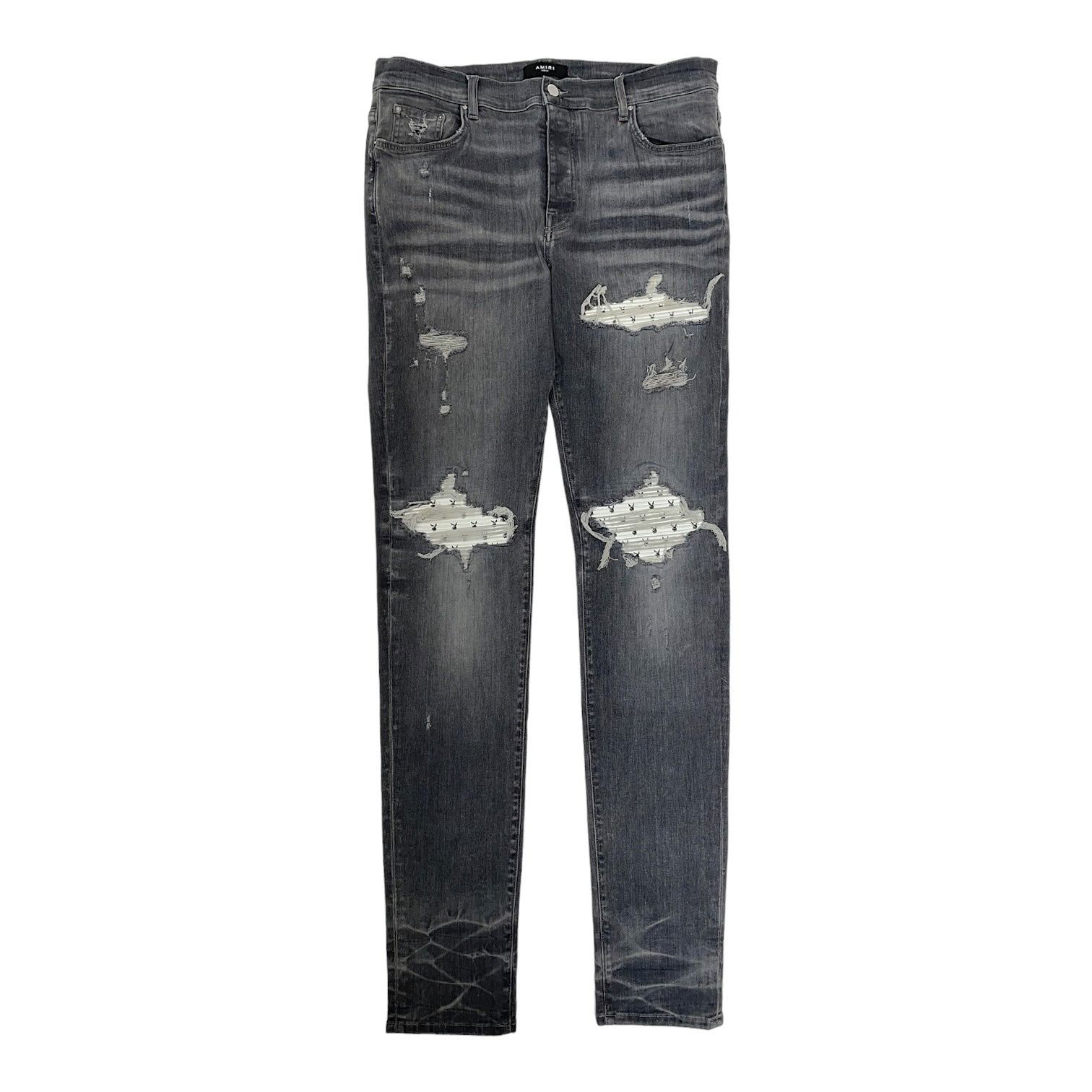 image of Amiri Mx1 Playboy Leather Patch Jeans Grey, Men's (Size 38)