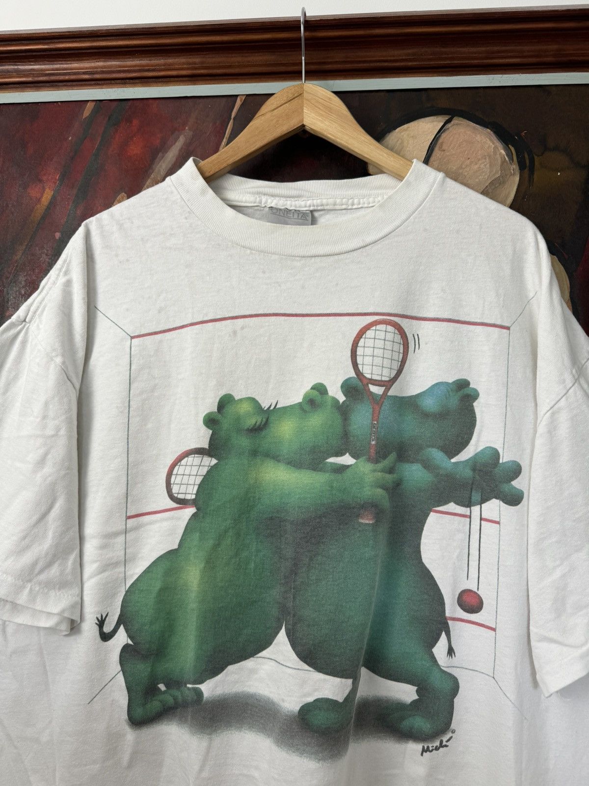 Vintage Vintage 90s Happy Hippo Print Animal Tee Made In USA Rare Size US XXL / EU 58 / 5 - 2 Thumbnail