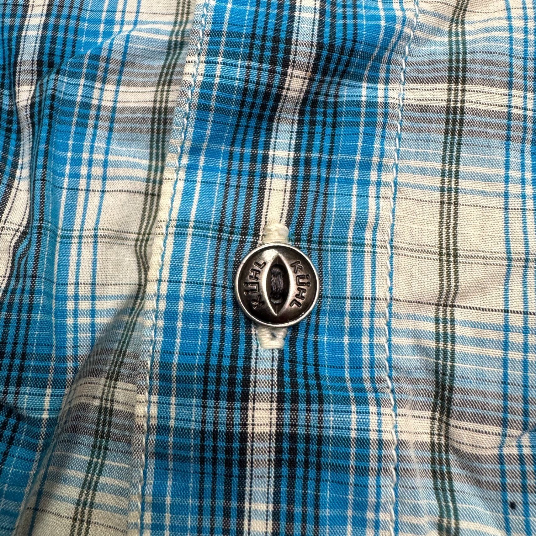 Vintage Kuhl Button-Down Shirt Mens M Blue Plaid Short Sleeve Linen Cotton Outdoor Casual Utility Shirt Adult Medium Blue Plaid Mens Size US M / EU 48-50 / 2 - 7 Thumbnail
