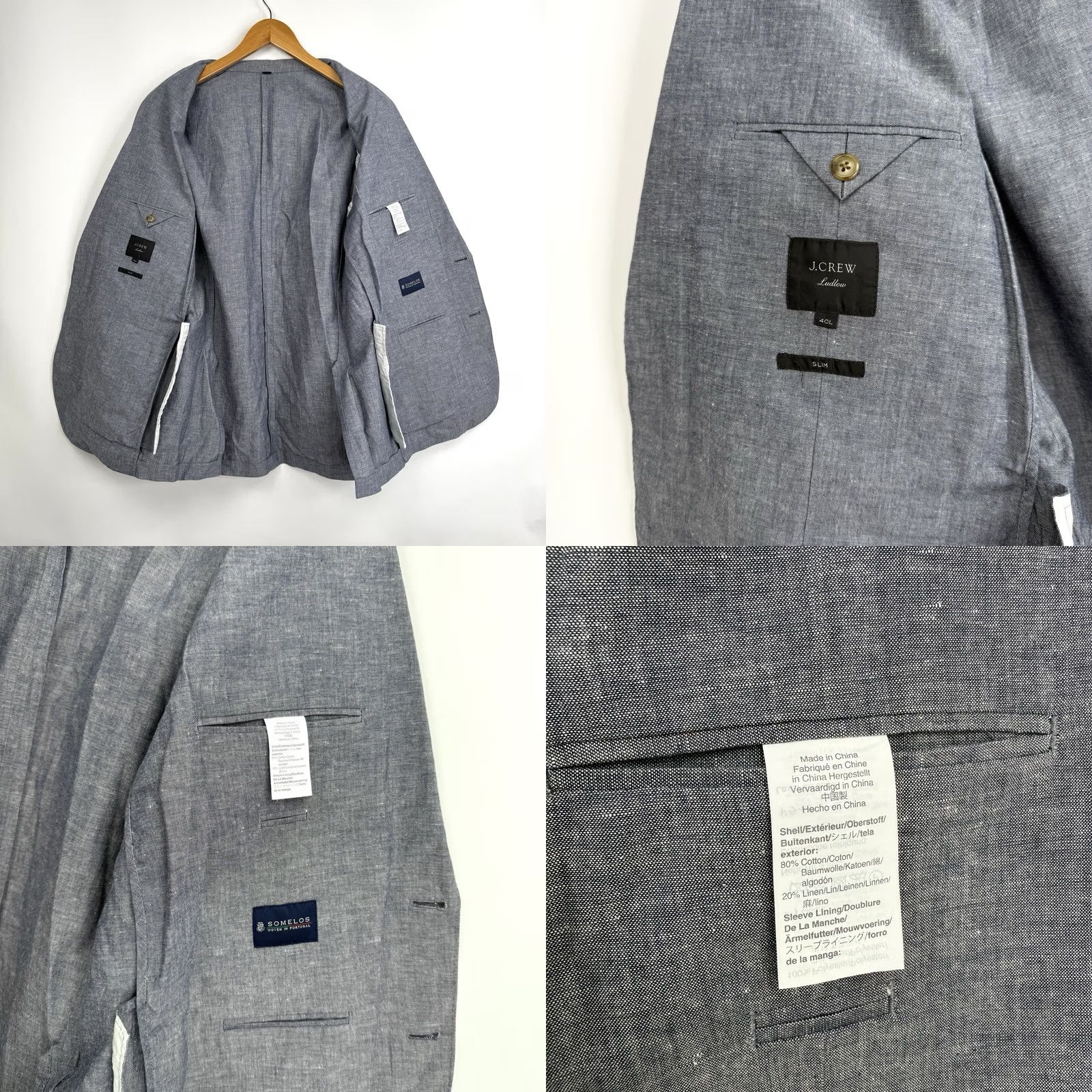 J.Crew J.CREW Blazer Mens 40L Blue Linen Cotton Slim Fit Single-Breasted Notch Lapel 2-Button Long Woolless Tweed Jacket Front Flat Front Chest 40 in Size 40R - 8 Thumbnail