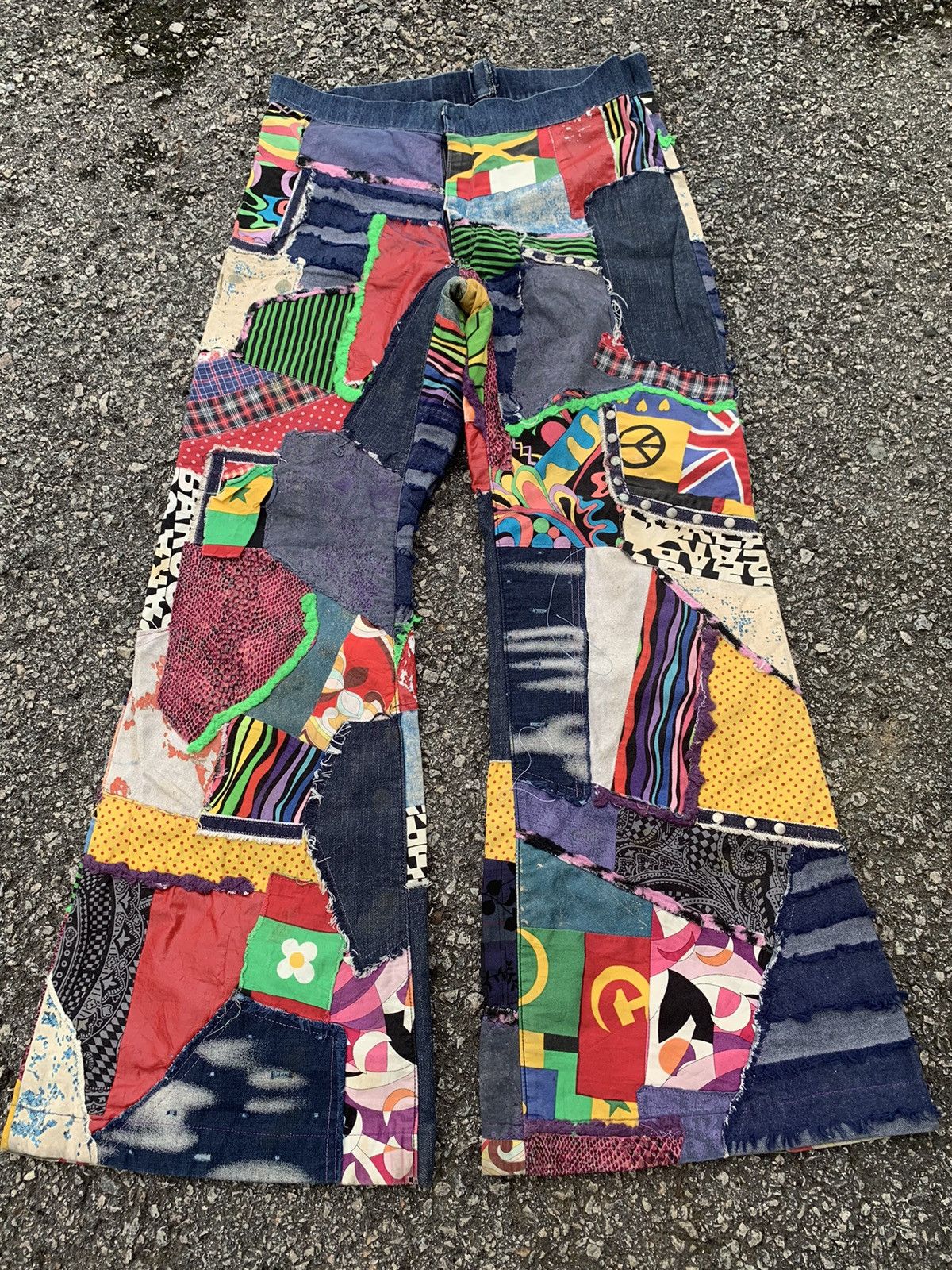 If Six Was Nine × Japanese Brand FLARE PATCHWORK HANDMADE HIPPIES STYLE REWORK INSANE PANTS🌈 Size US 32 / EU 48 - 2 Thumbnail