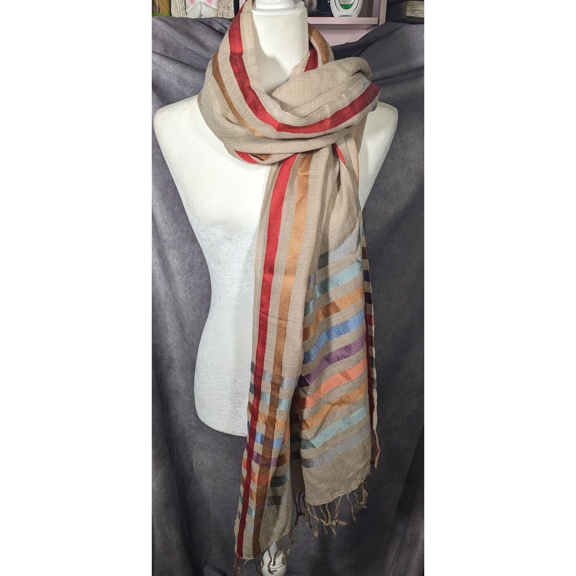 Other Vintage Cream Rainbow Stripe Accent Fringe Scarf Size ONE SIZE - 9 Thumbnail