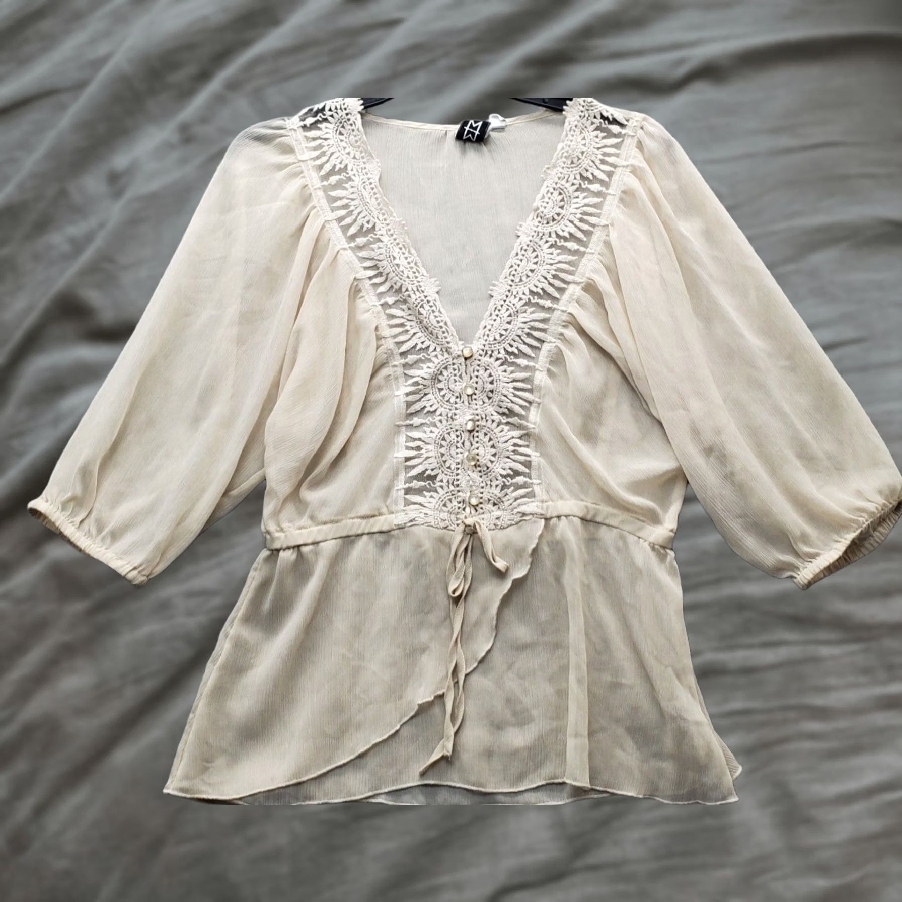 Marcs Marc Bouwer Blouse Womens Size S Brown Chiffon Tie Waist V Neck Button Long Sleeve Size S / US 4 / IT 40 - 1 Thumbnail