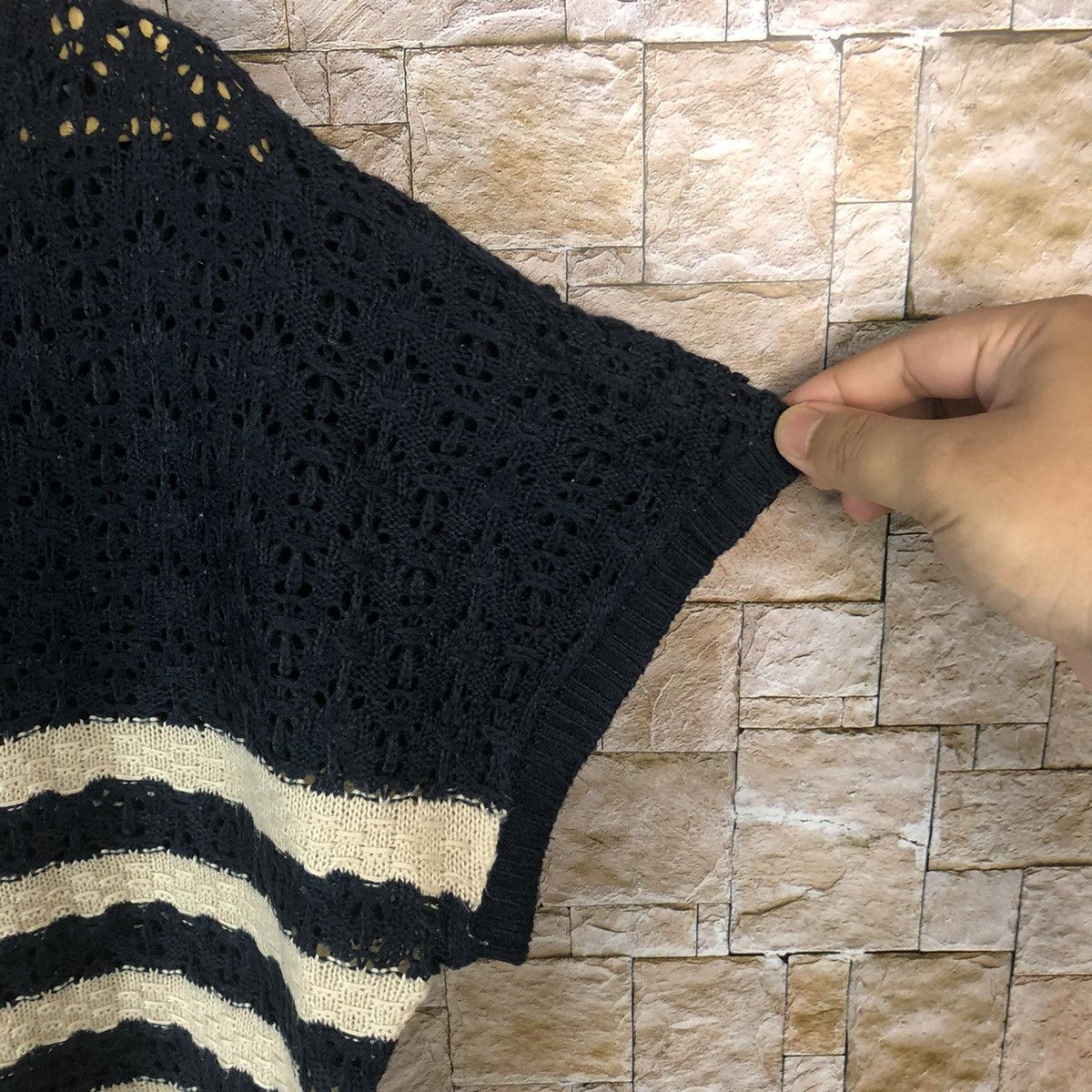 Homespun Knitwear × Japanese Brand × OVER THE STRiPES Cecil Mcbee Stripe crochet mesh net Dark Blue Knitwear #A761 Size M / US 6-8 / IT 42-44 - 8 Thumbnail