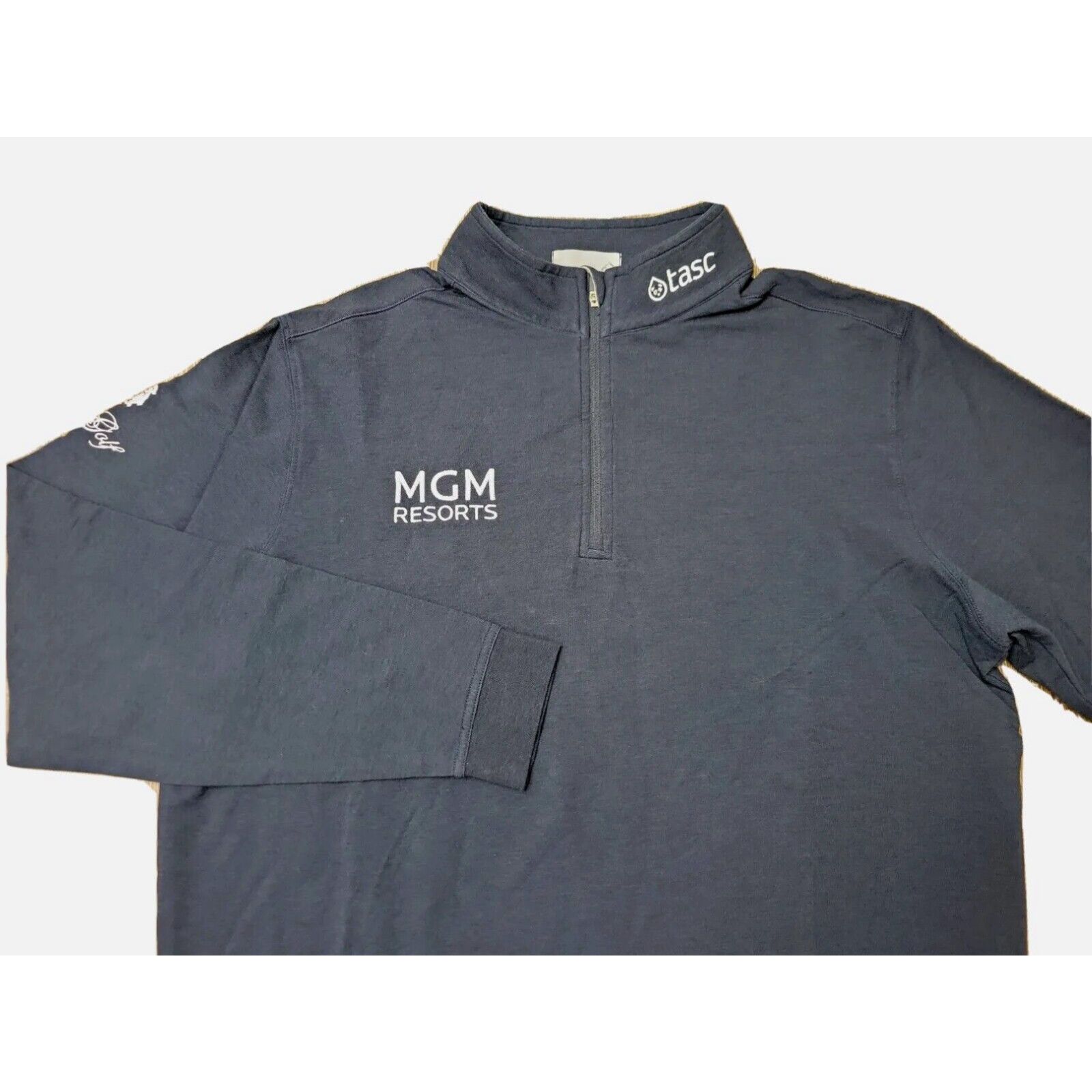 image of Vintage Tour Issue Benny Taylor Men Pullover Sweater 1/4 Zip Tasc Trump Mgm Golf Navy 2 in White (S