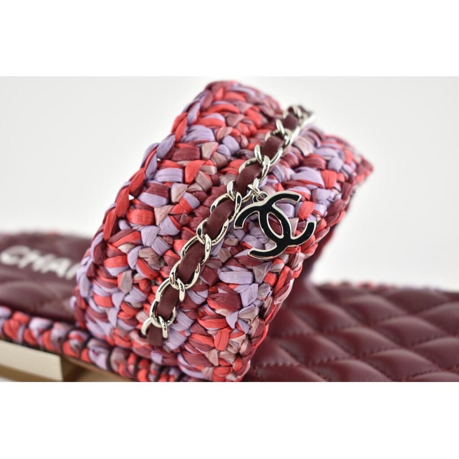 Chanel Chanel 20S Red Purple Raffia Tweed CC Chain Logo Mule Size US 7 / IT 37 - 4 Thumbnail