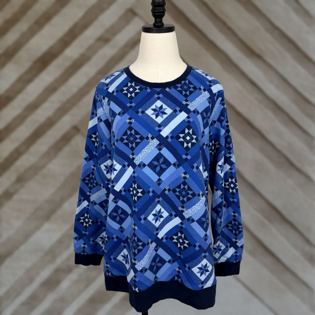 Lands' End Lands' End Sweatshirt Womens Large Blue Patchwork Pullover Knit Crew Neck Bohemian Quilt Print Casual Size L / US 10 / IT 46 - 1 Thumbnail