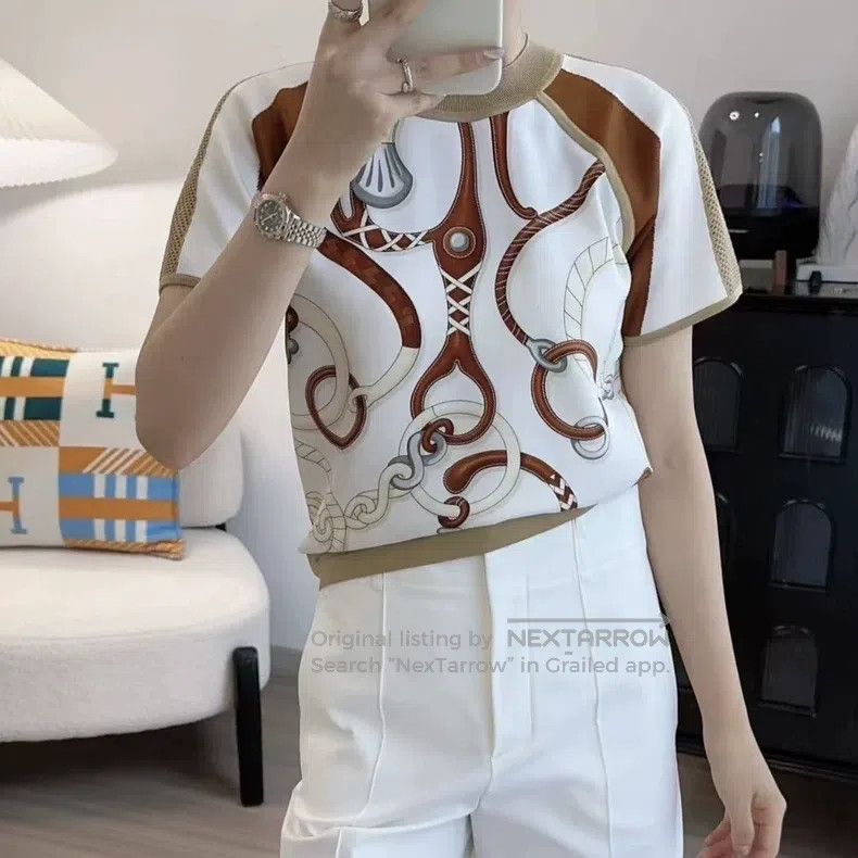 Hermes Hermes Lock Chain Printed Silk Patch Short Sleeve T-Shirts Size XS / US 0-2 / IT 36-38 - 7 Thumbnail