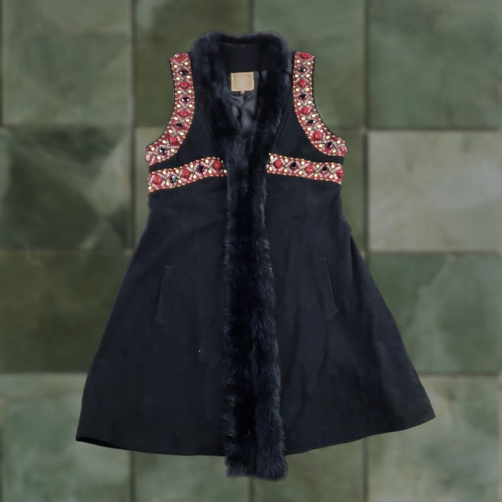 Doublet VINTAGE Double D Ranch Vest Women Medium Long Black Leather Beaded Removeable Fur Trim Size M / US 6-8 / IT 42-44 - 1 Thumbnail