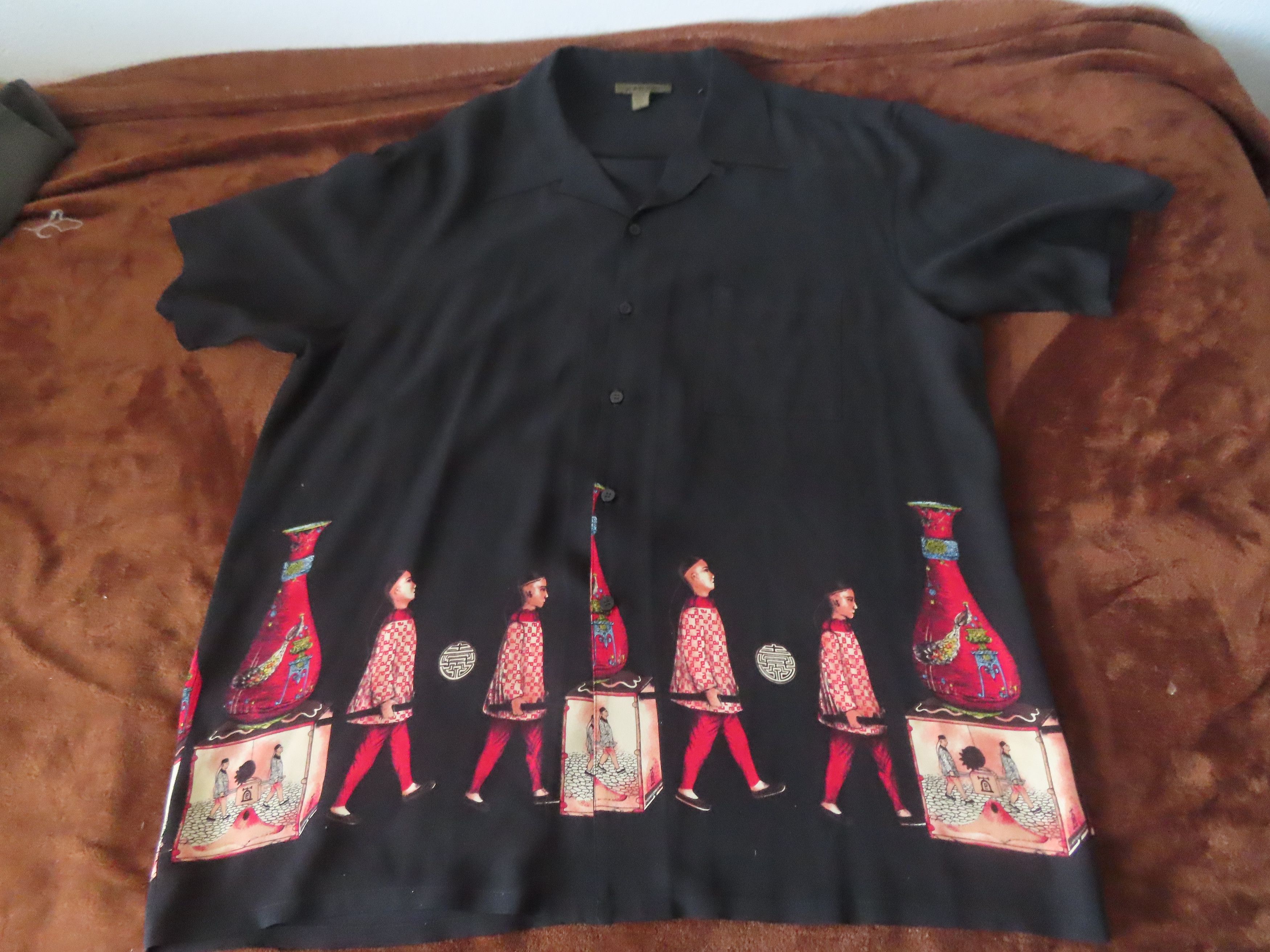 image of Made In USA Harari Silk Shirt Mens Asian Print Buttons Usa Loop Collar (Size Large)