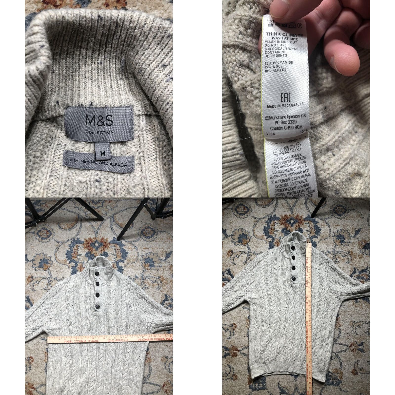 Marks & Spencer Marks & Spencer Sweater Mens Medium Gray Cable Knit Mock Neck Henley Wool Blend Size US M / EU 48-50 / 2 - 8 Thumbnail