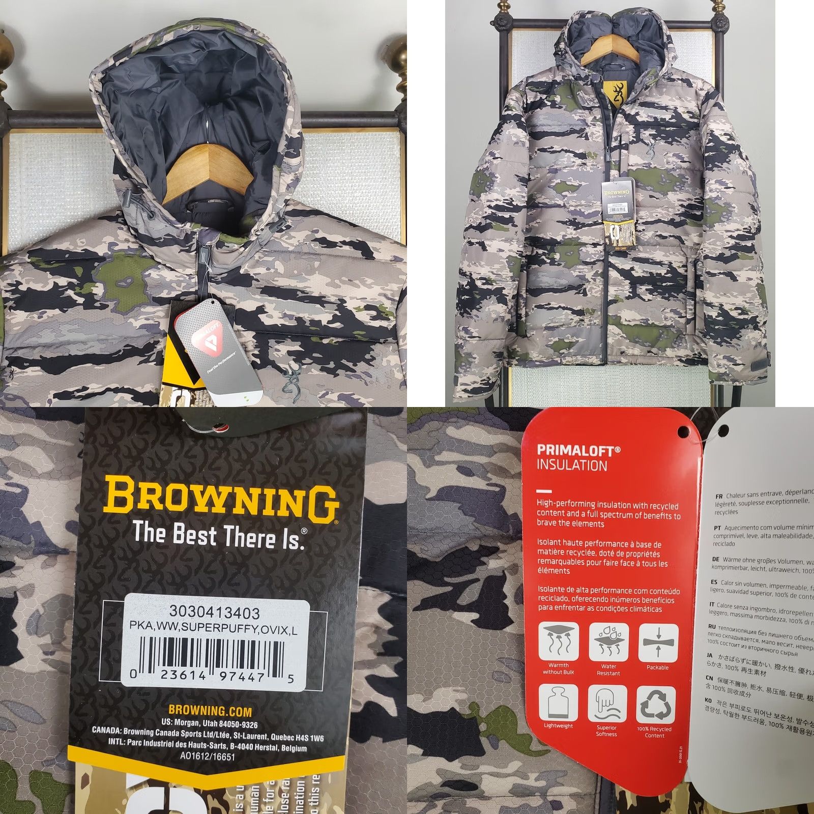 Vintage Browning Mens Full Zip Hooded Ovix Camouflage Primaloft Silver Insulated Jacket Training Weather Wear Jacket Size US L / EU 52-54 / 3 - 8 Thumbnail