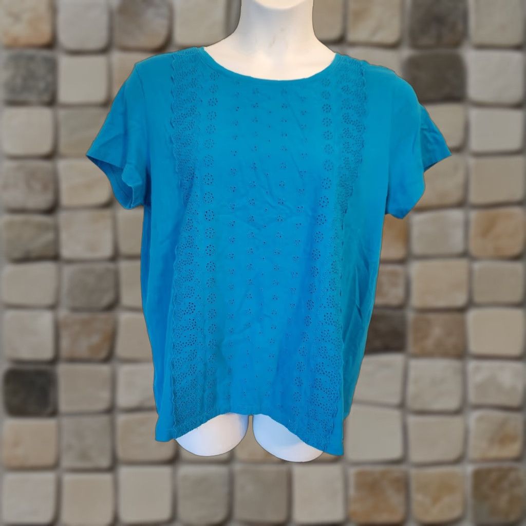Vintage Laura Scott Blue Eyelet Casual Top Shirt Boho XL 16 18 Women T-Shirt Crew Neck Short Sleeve Cap Sleeve 100% Cotton Easy Care Size XL / US 12-14 / IT 48-50 - 1 Thumbnail