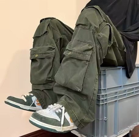 Japanese Brand Olive Green Baggy Cargo Pants - Y2K Skate Streetwear Size US 34 / EU 50 - 4 Thumbnail