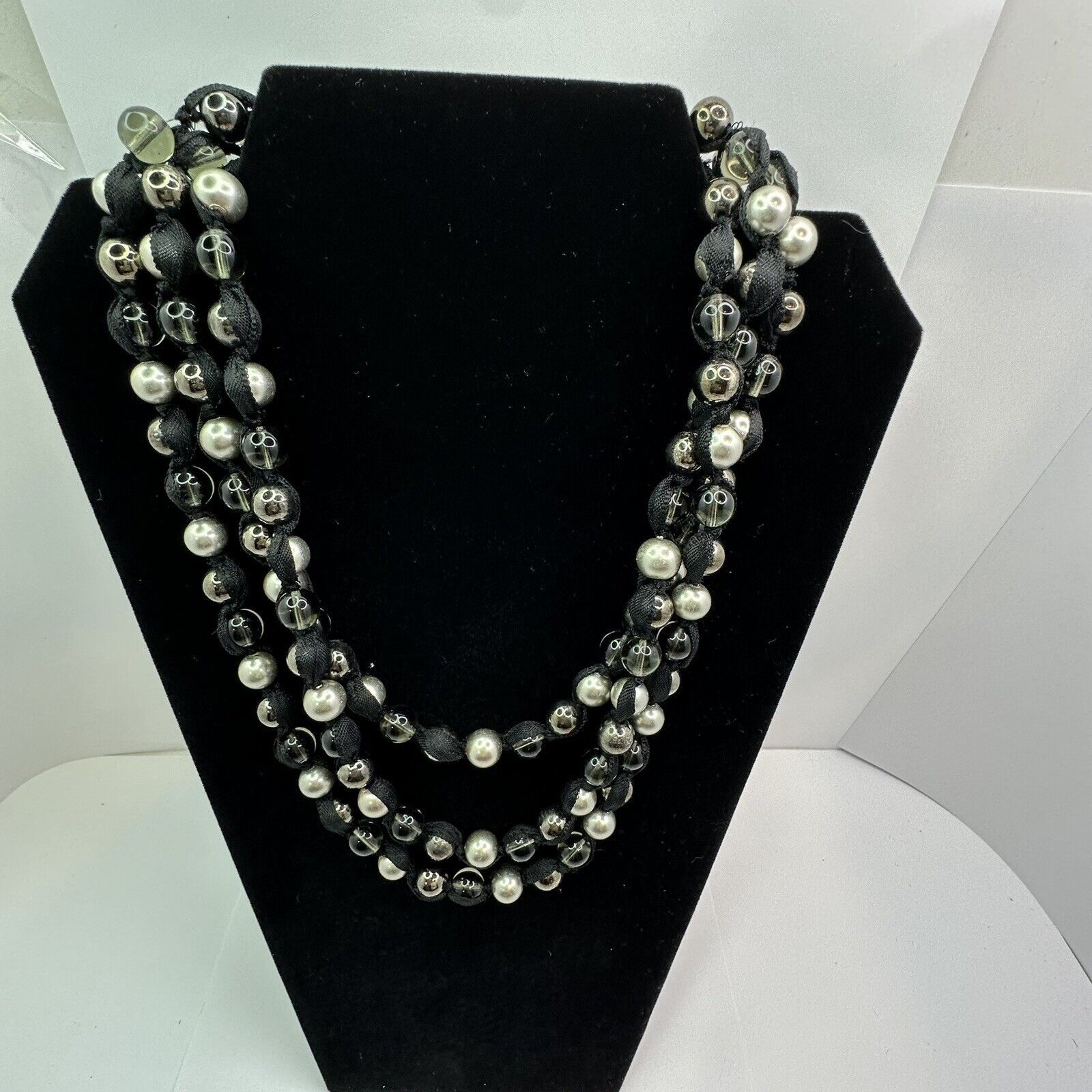 Other MultiStrand Ribbon Necklace Silver Blk Clear Glass Beads 22" Size ONE SIZE - 6 Thumbnail